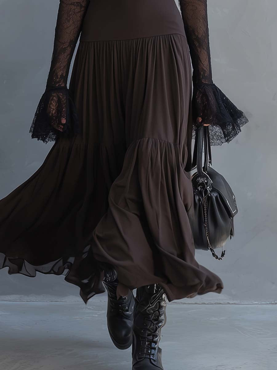 Robe longue à manches en dentelle, ourlet transparent et poignets évasés