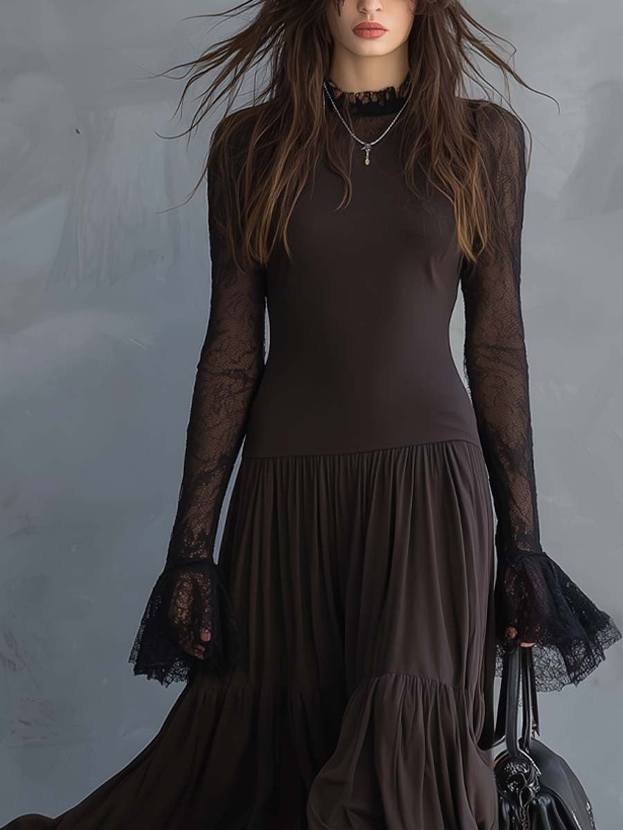 Robe longue à manches en dentelle, ourlet transparent et poignets évasés