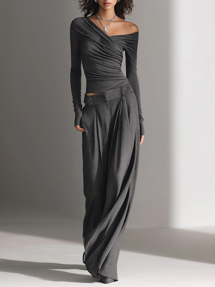 Ensemble haut à épaules dénudées et pantalon large gris anthracite