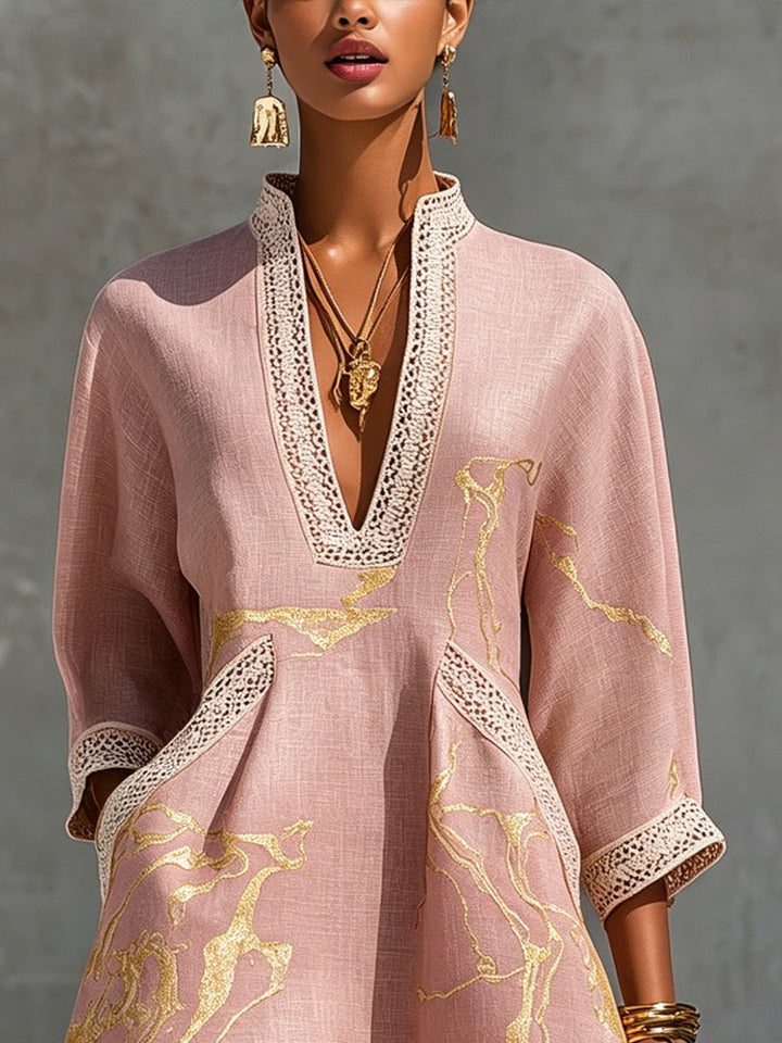 Seraphina | Vestido de encaje de ganchillo con estampado dorado y escote en V