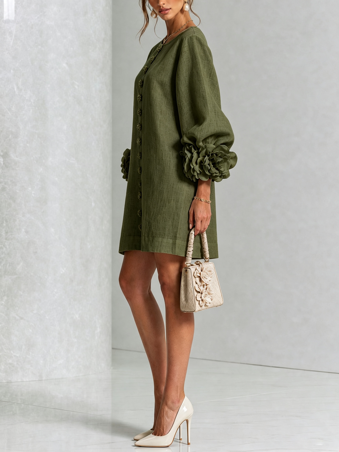 Clementina | Vestido Camisero con Mangas de Roseta