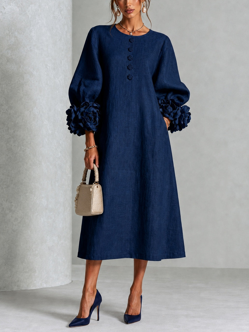 Theodosia | Vestido Midi con Mangas de Volante en Roseta