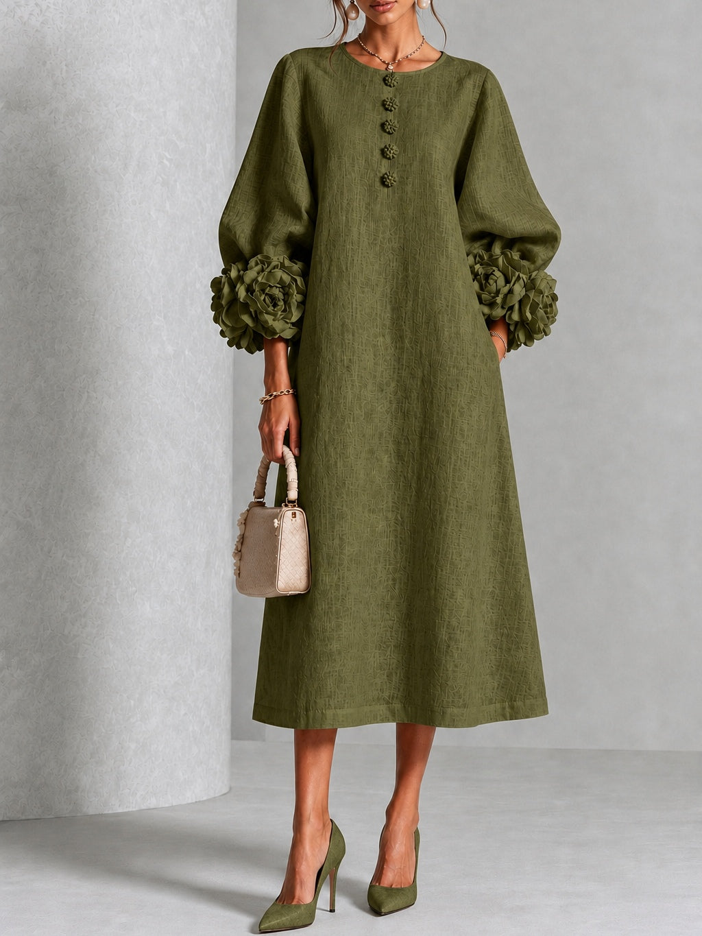 Theodosia | Vestido Midi con Mangas de Volante en Roseta