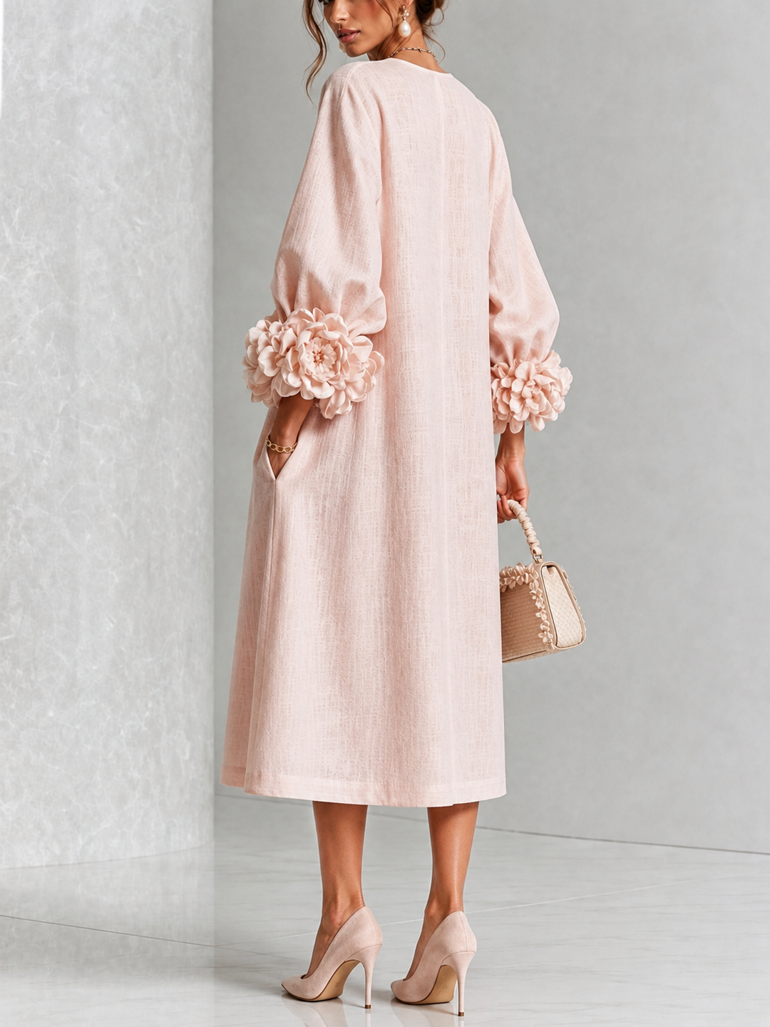 Theodosia | Vestido Midi con Mangas de Volante en Roseta
