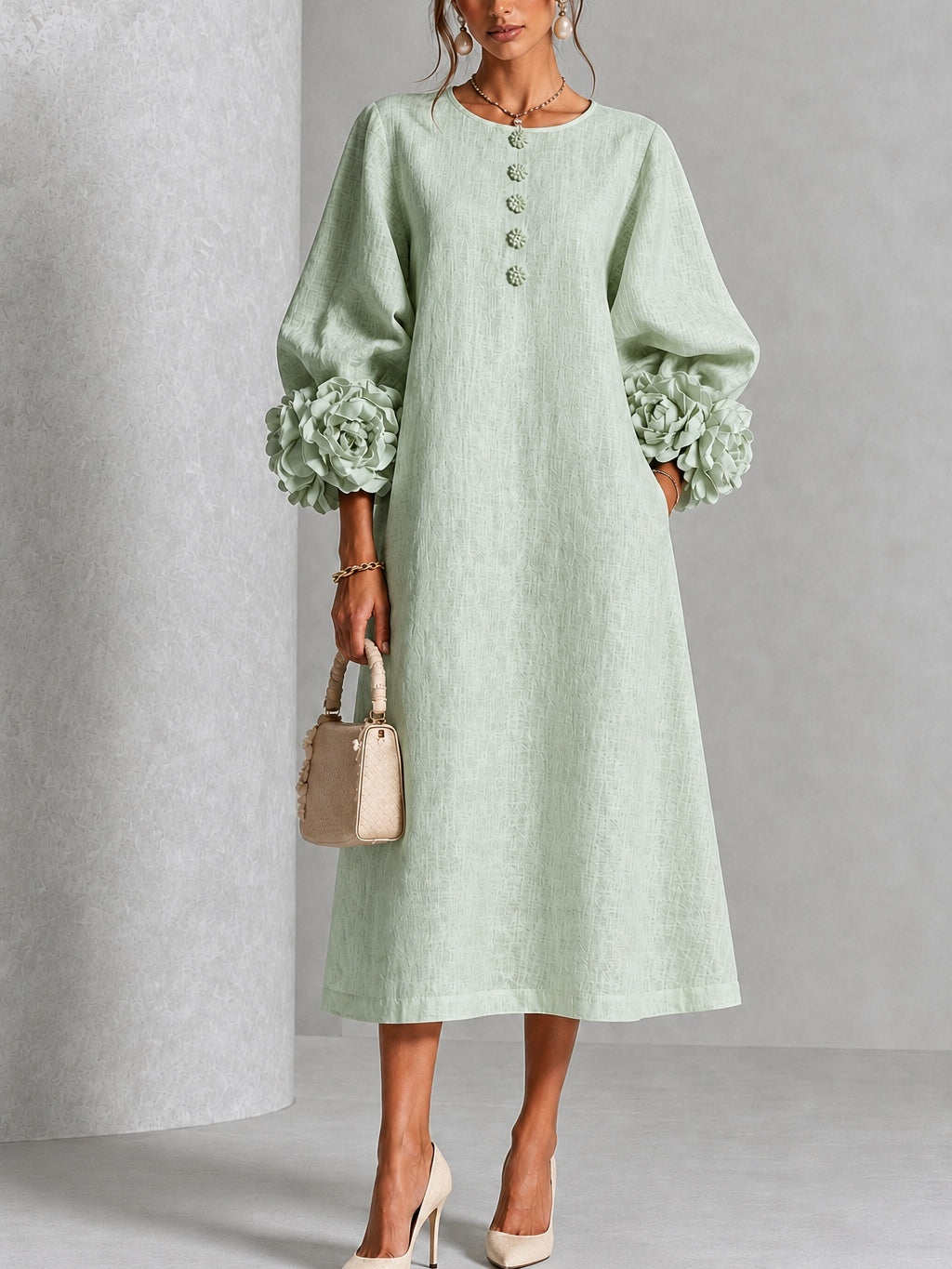 Theodosia | Vestido Midi con Mangas de Volante en Roseta