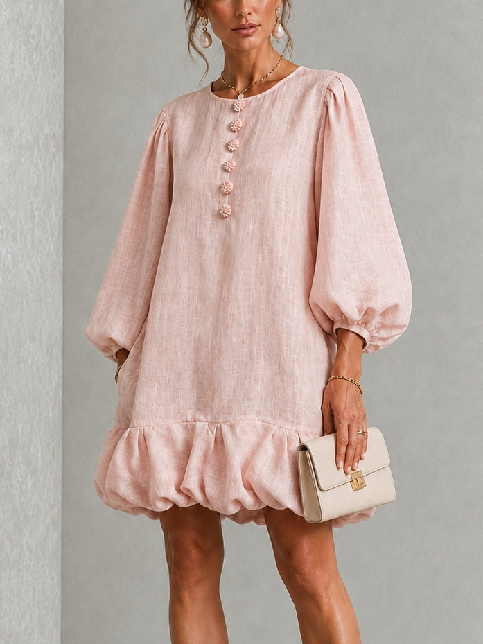 Anneliese | Vestido con mangas abullonadas y botones frontales con dobladillo fruncido