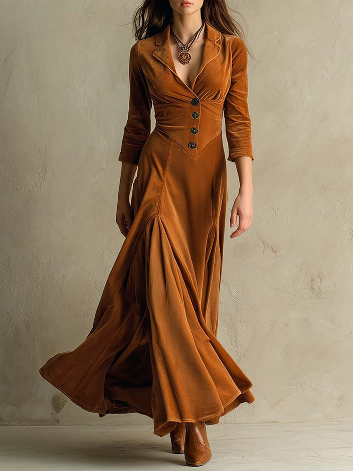 Robe longue en velours marron