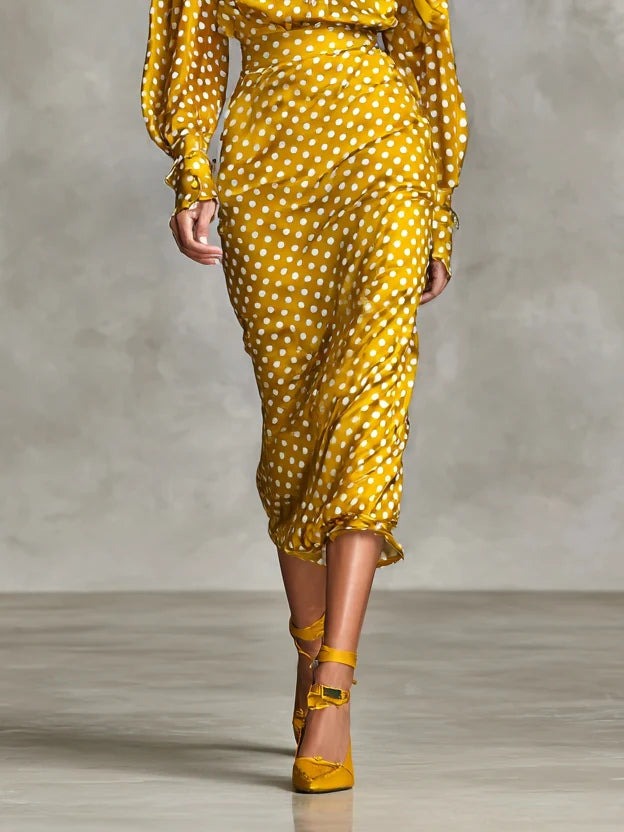Ensemble chemise et jupe vintage en satin à pois