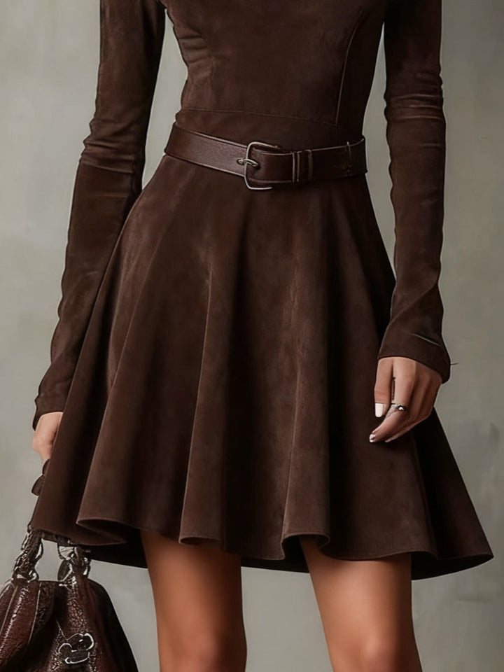 Mini-robe vintage en daim marron foncé à col montant