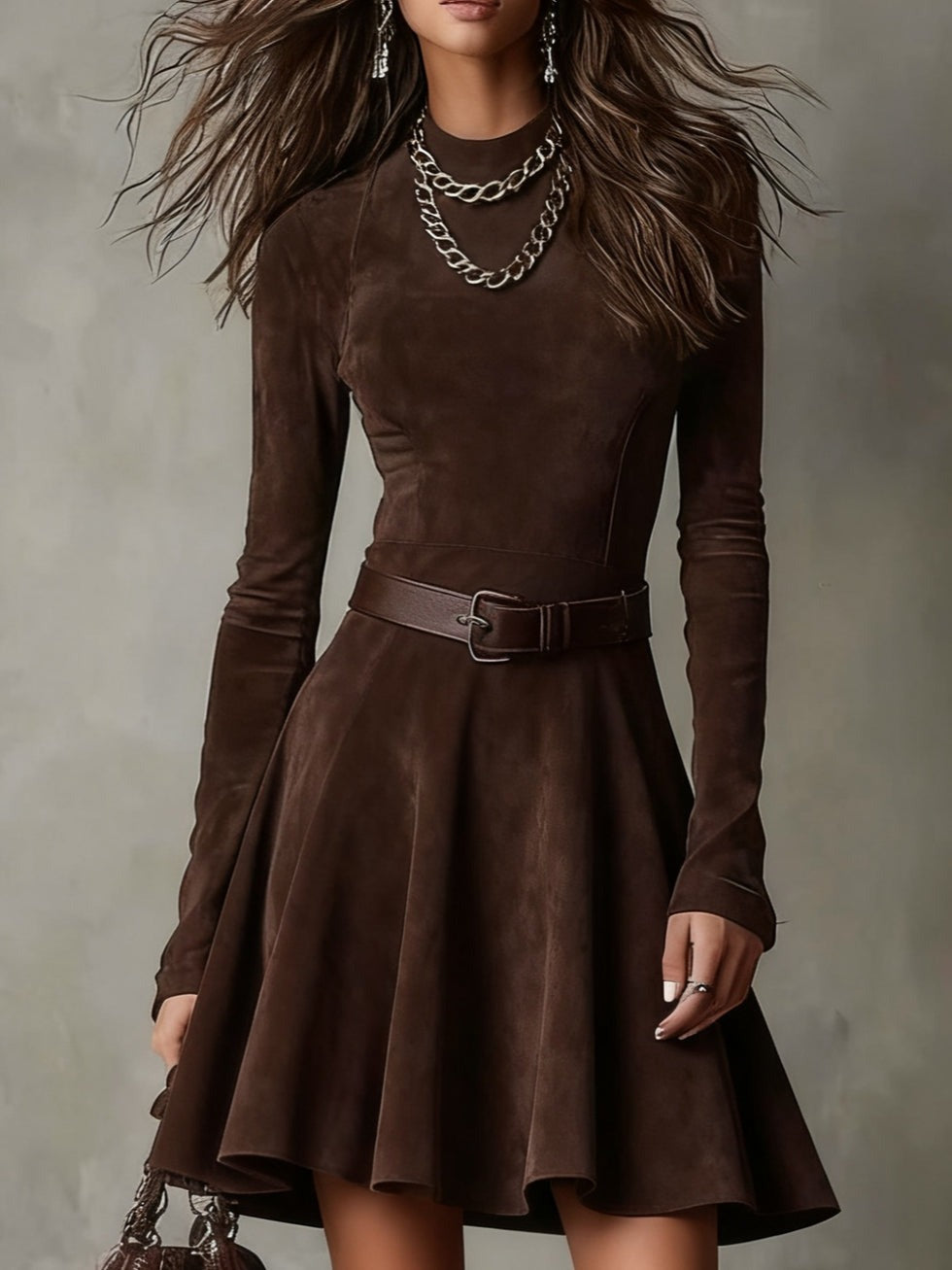 Mini-robe vintage en daim marron foncé à col montant