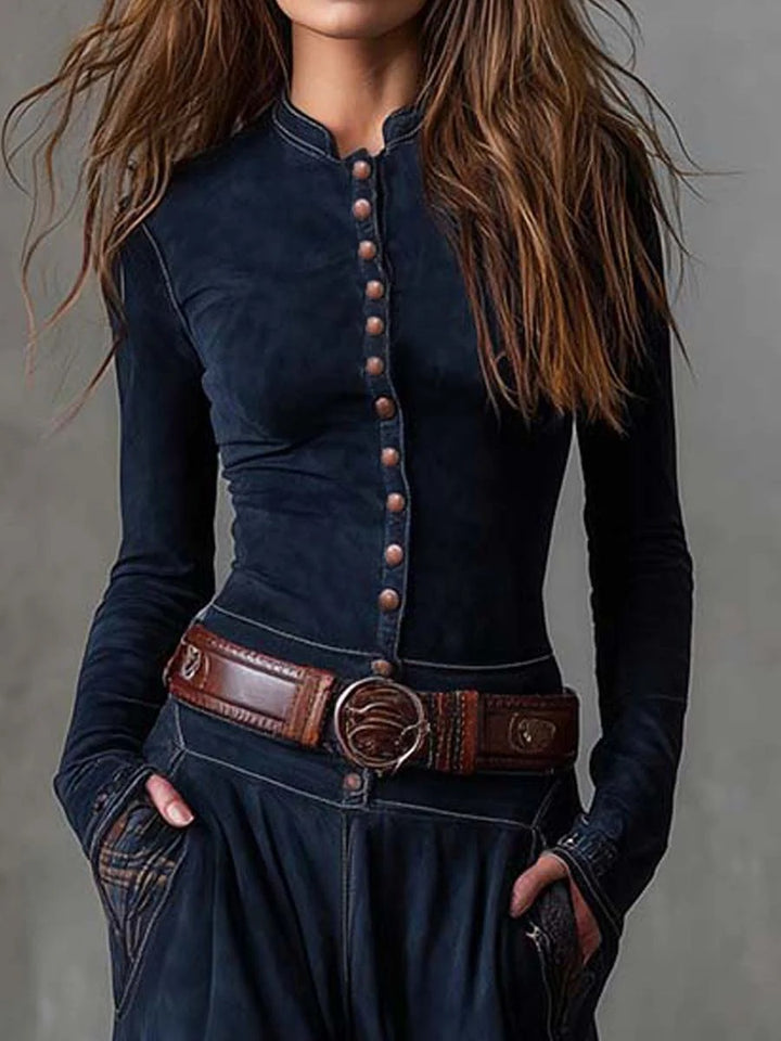 Robe longue vintage en daim à carreaux marine (avec ceinture)