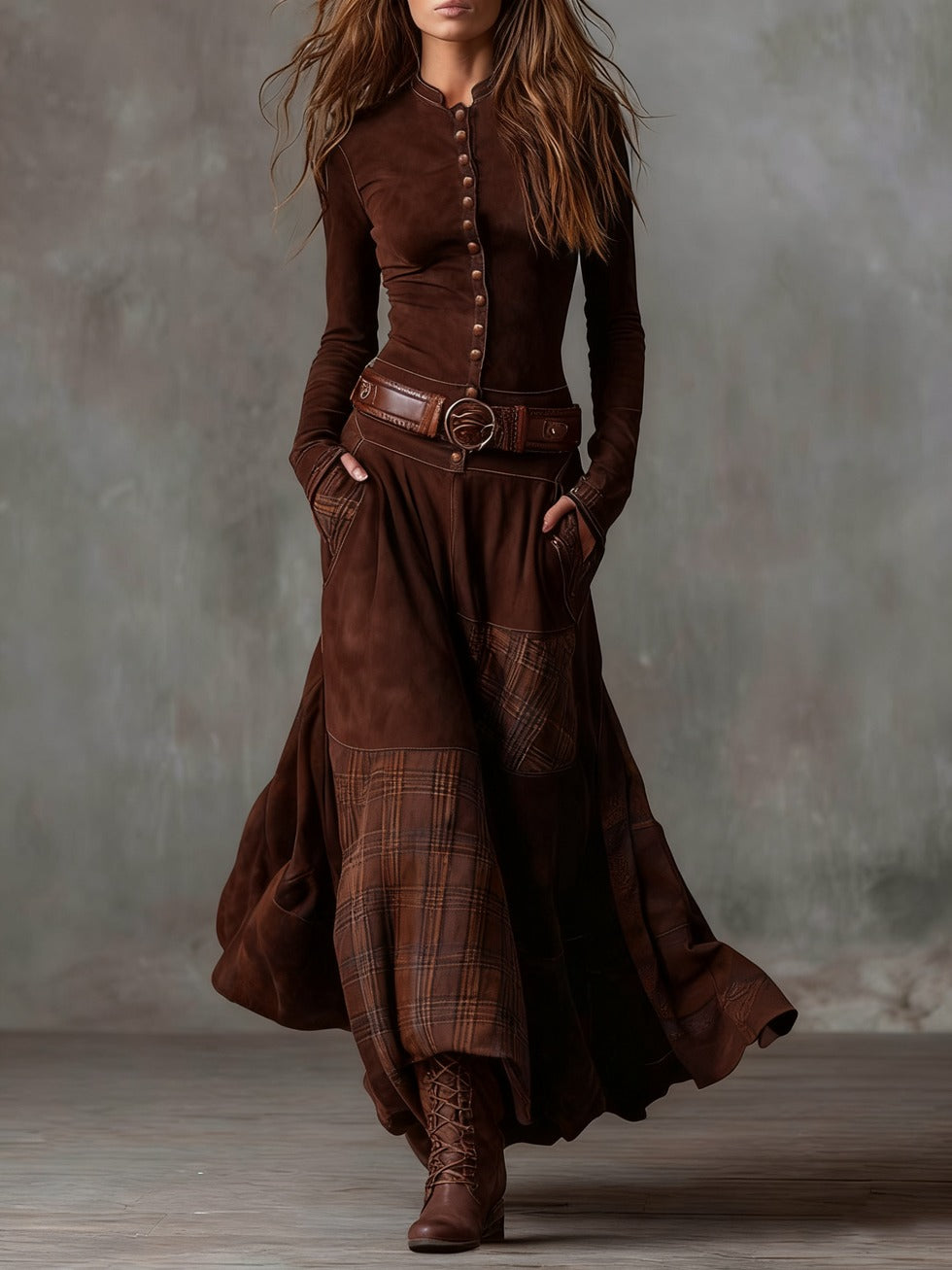 Robe longue vintage en daim à carreaux marine (avec ceinture)
