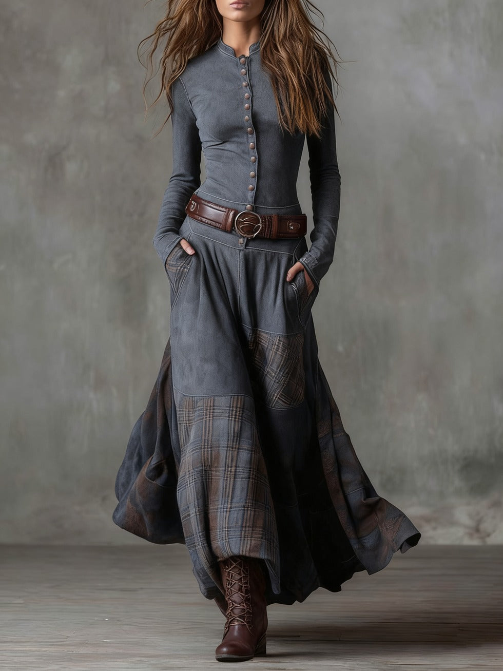 Robe longue vintage en daim à carreaux marine (avec ceinture)
