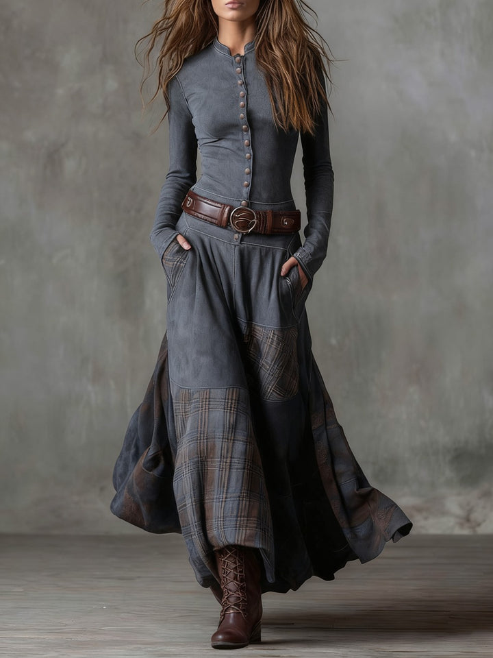 Robe longue vintage en daim à carreaux marine (avec ceinture)