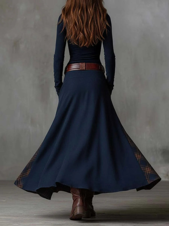 Robe longue vintage en daim à carreaux marine (avec ceinture)