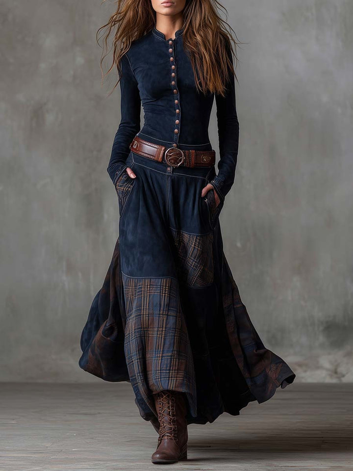 Robe longue vintage en daim à carreaux marine (avec ceinture)