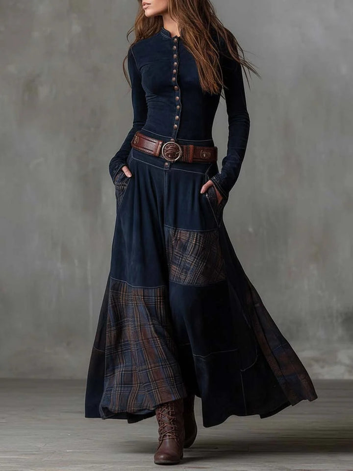 Robe longue vintage en daim à carreaux marine (avec ceinture)