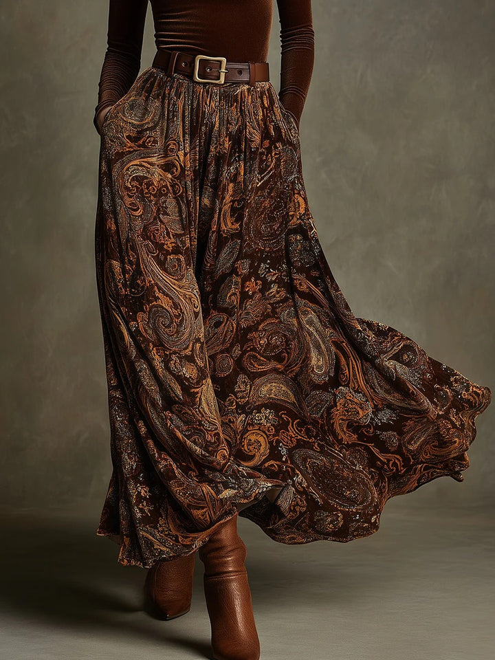 Ensemble vintage haut en velours stretch et jupe longue à imprimé (avec ceinture)