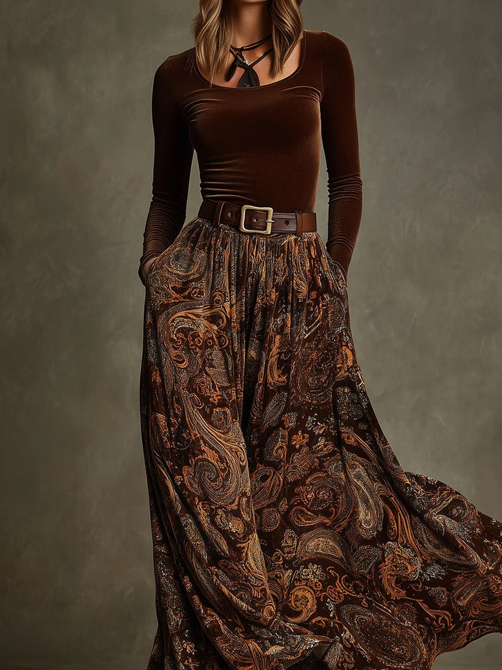 Ensemble vintage haut en velours stretch et jupe longue à imprimé (avec ceinture)