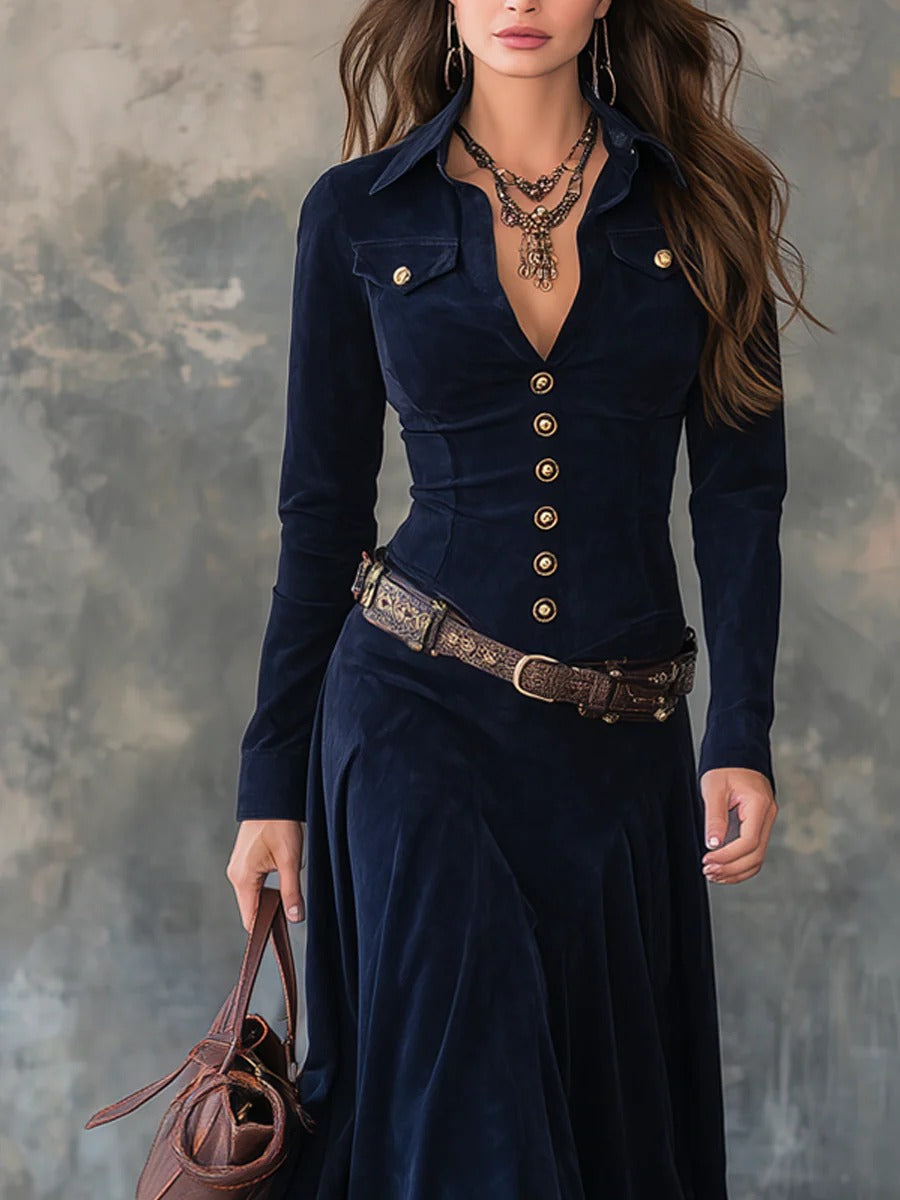 Robe longue en velours avec ceinture