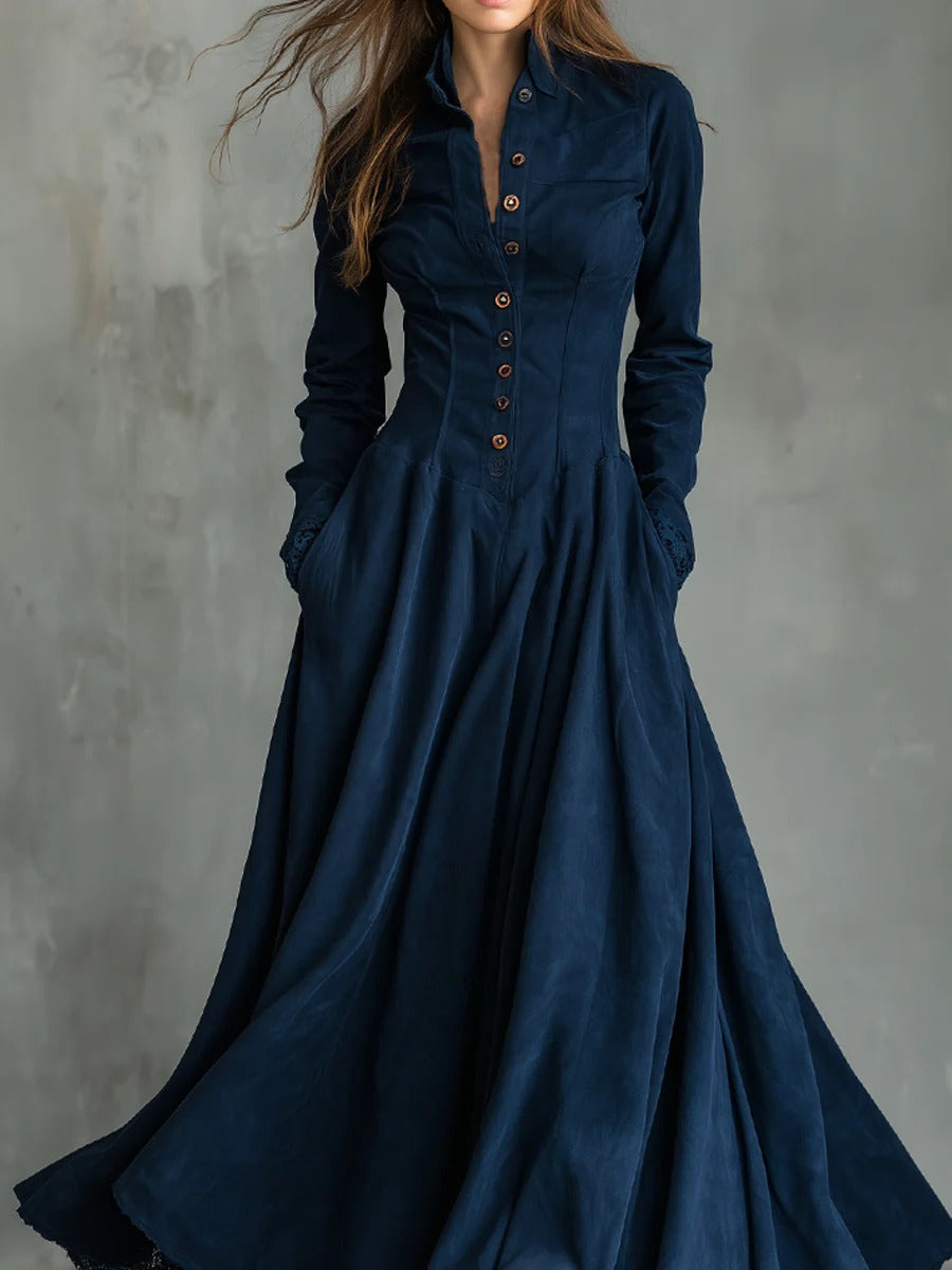 Robe longue bleu foncé en faux daim