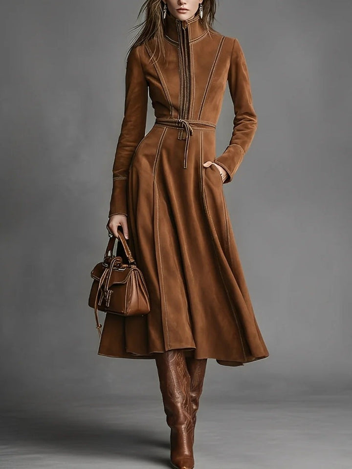 Robe longue élégante marron en faux daim