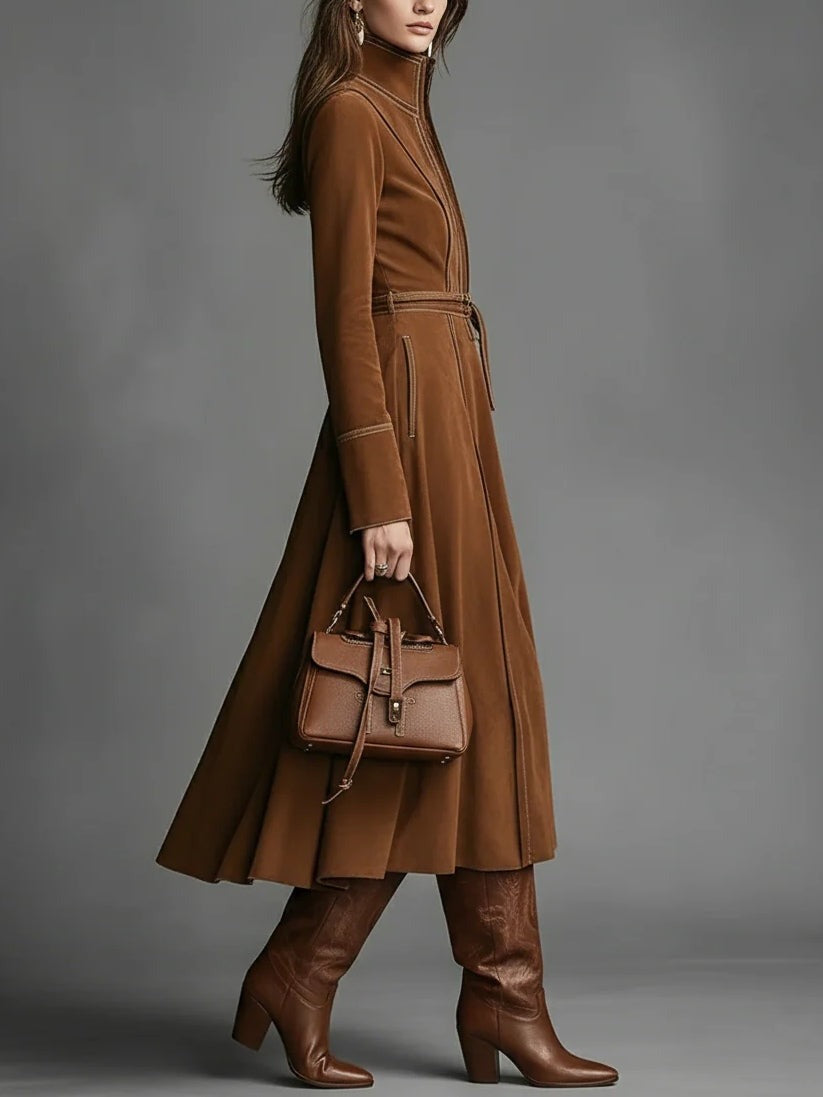 Robe longue élégante marron en faux daim