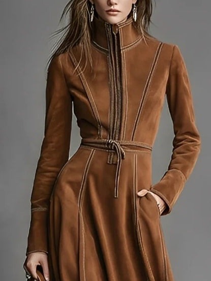 Robe longue élégante marron en faux daim