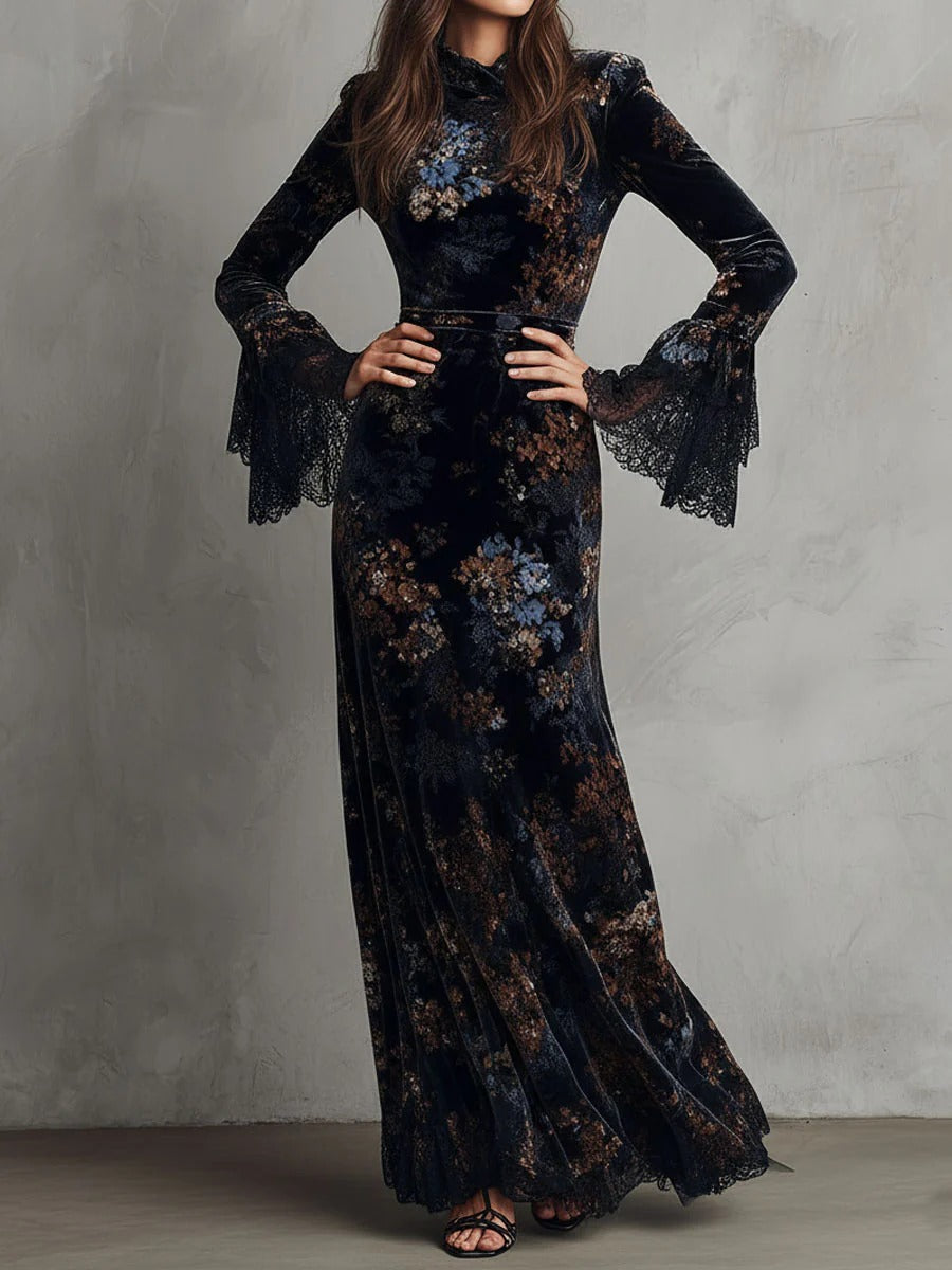 Robe en velours noir et bleu à fleurs et dentelle