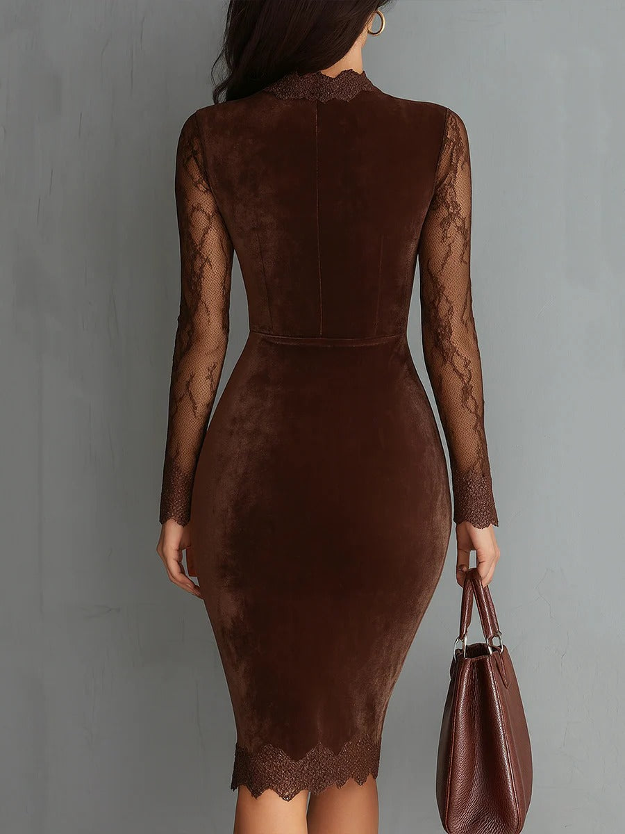 Robe marron vintage en velours et dentelle