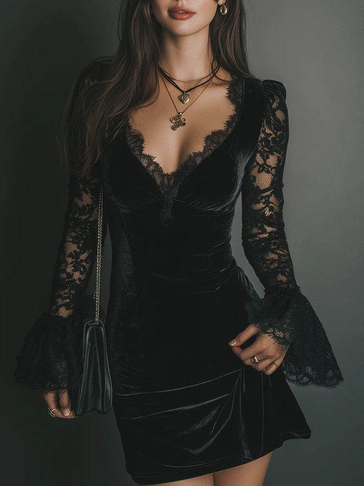 Robe mini en velours et dentelle Luna