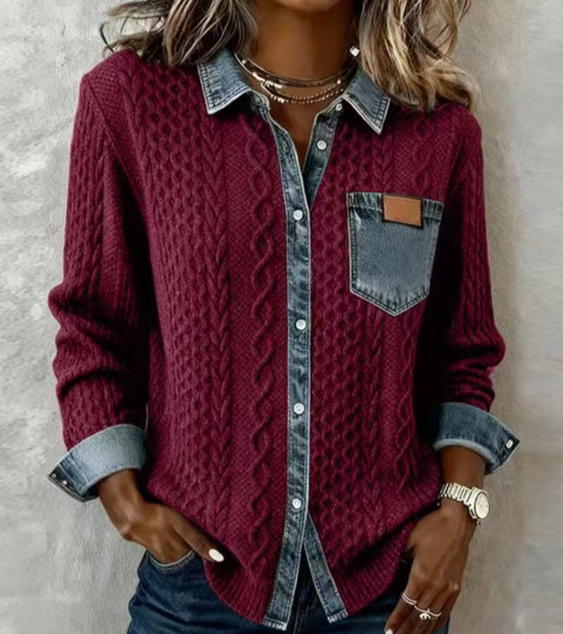 AMBRA - Haut en Maille Patchwork avec Détails en Denim