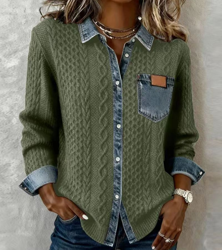 AMBRA - Haut en Maille Patchwork avec Détails en Denim