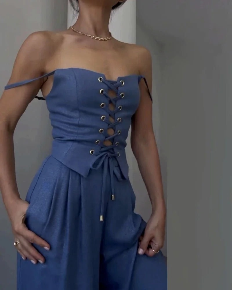 Ensemble deux pièces haut et pantalon à cordons