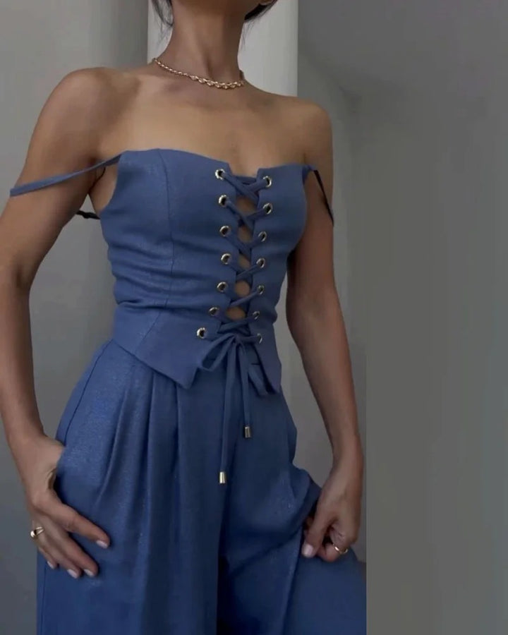 Ensemble deux pièces haut et pantalon à cordons