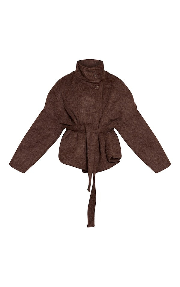 Manteau à nouer en fausse laine brossée chocolat