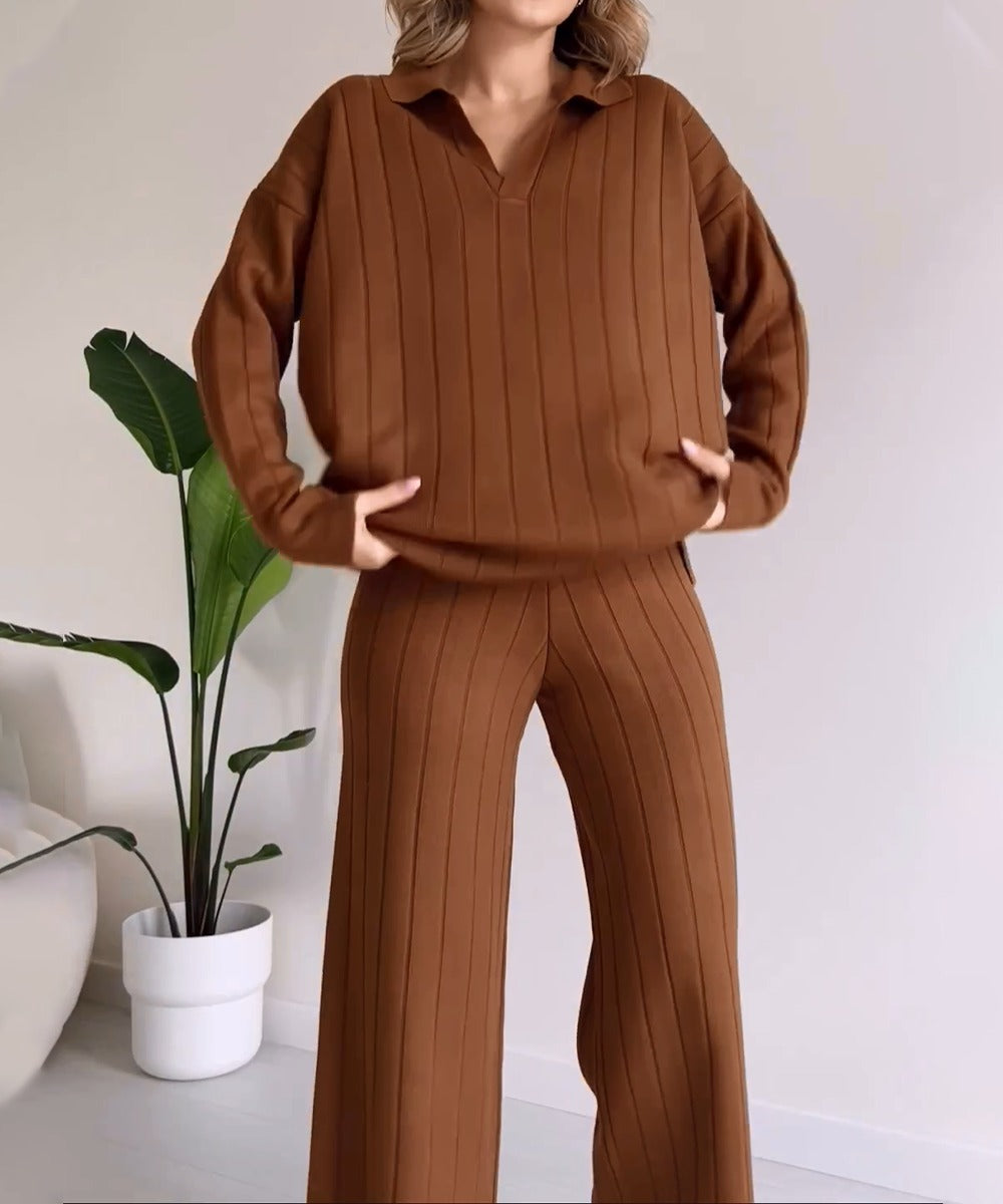 Ensemble deux pièces élégant avec pull jacquard à rayures