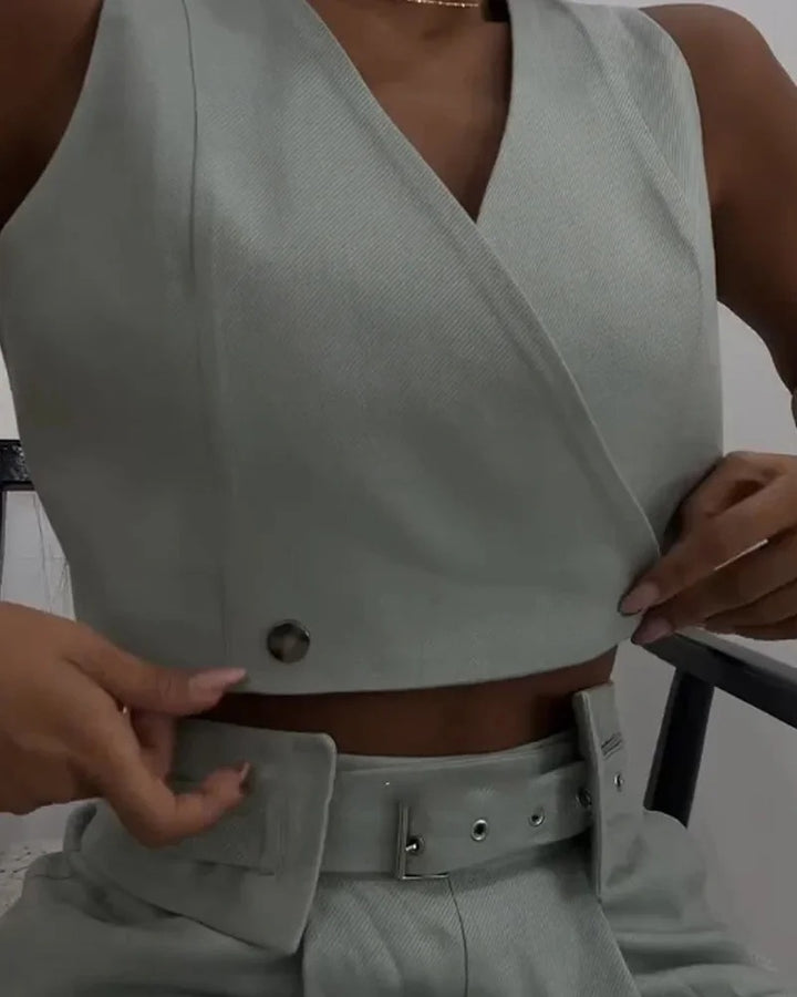 Ensemble deux pièces gilet et pantalon à col en V