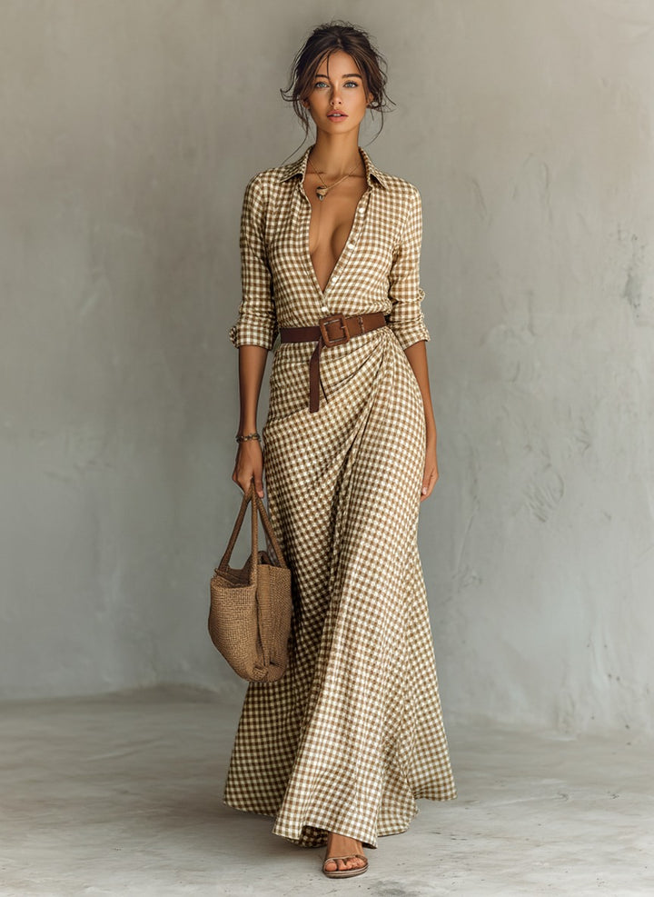 Robe longue à carreaux avec ceinture