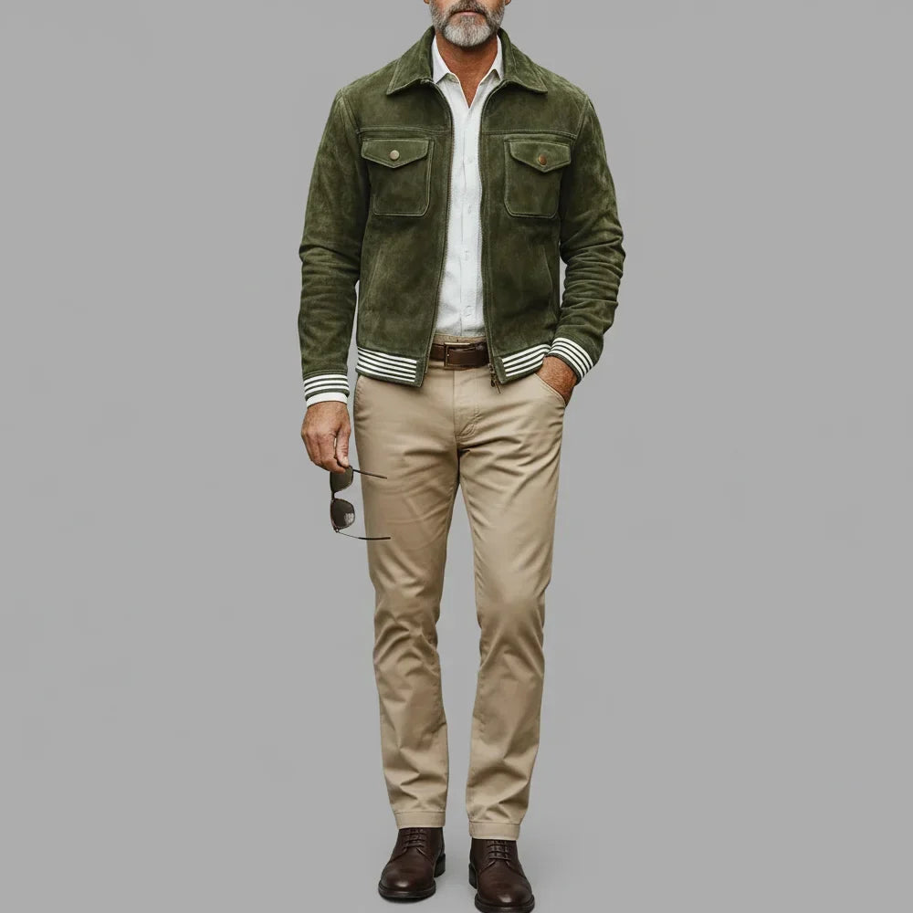 Retro Suede Jacket in Khaki Green