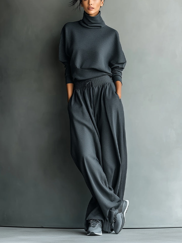 Ensemble haut oversize à col roulé en maille anthracite et pantalon large