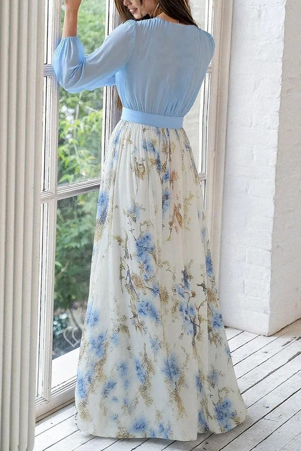 Robe longue fleurie à col en V et manches longues