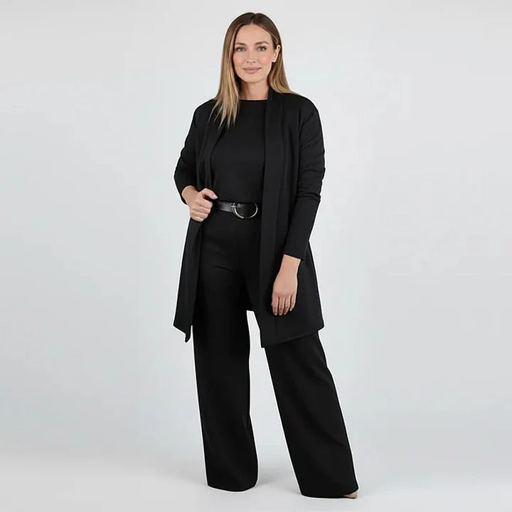 Ensemble 3 pièces comprenant un long cardigan, un top et un pantalon ( ceinture incluse )