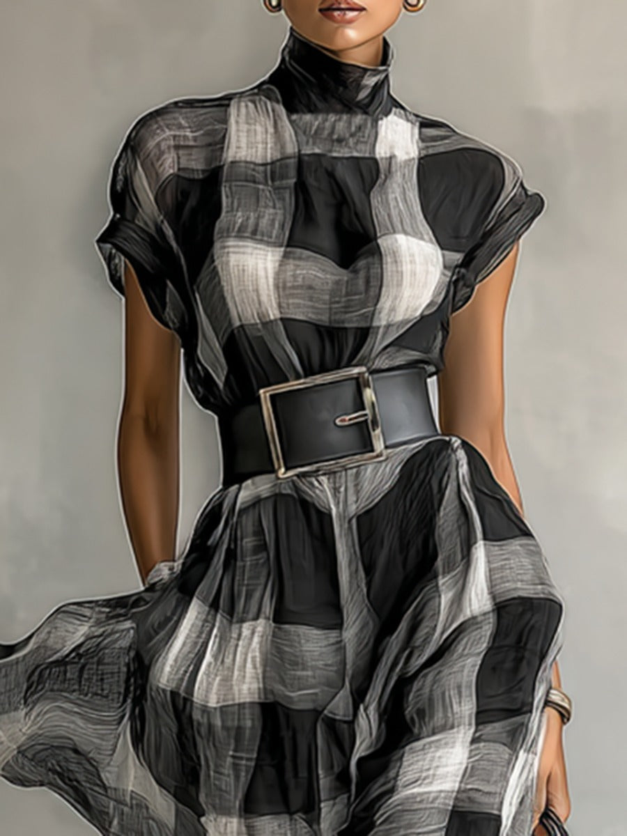 Robe longue à carreaux en mousseline de soie, ceinturée