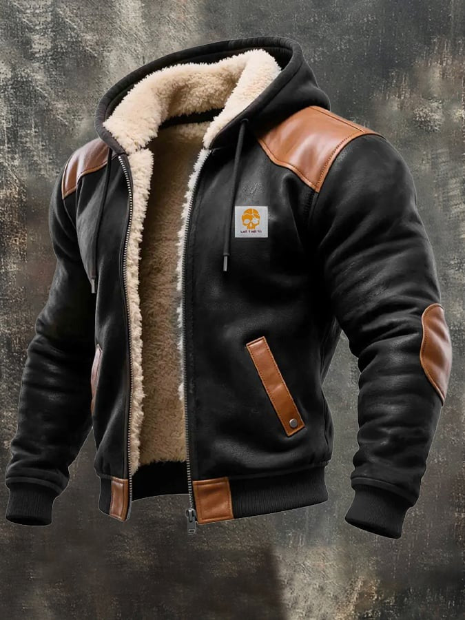 Veste vintage chaude en daim et cuir avec capuche
