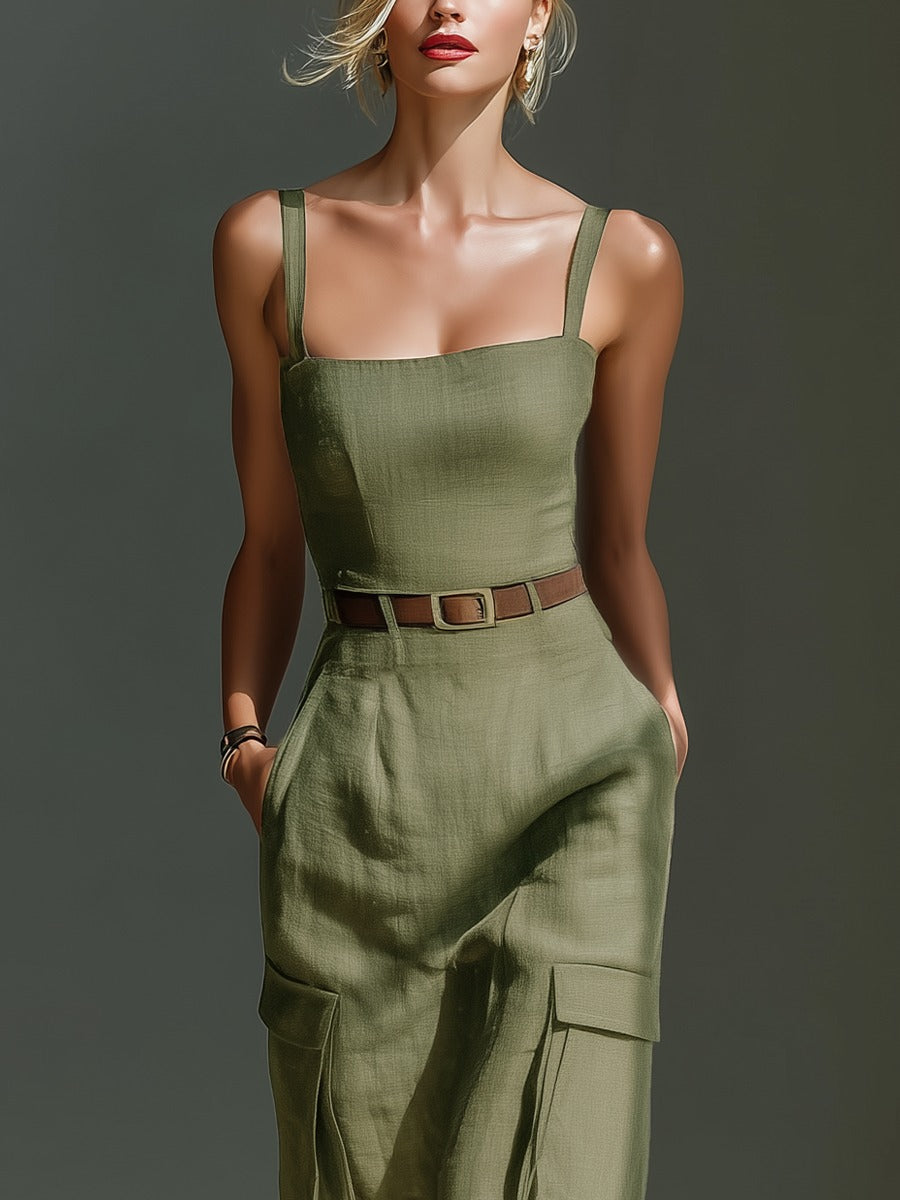 Combinaison en lin vert olive avec poches cargo et ceinture à la taille