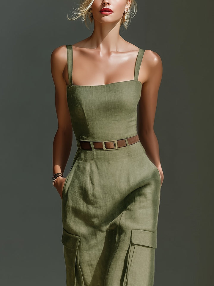 Combinaison en lin vert olive avec poches cargo et ceinture à la taille