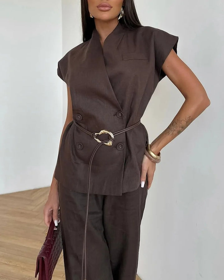 Ensemble deux pièces haut et pantalon en lin à double boutonnage