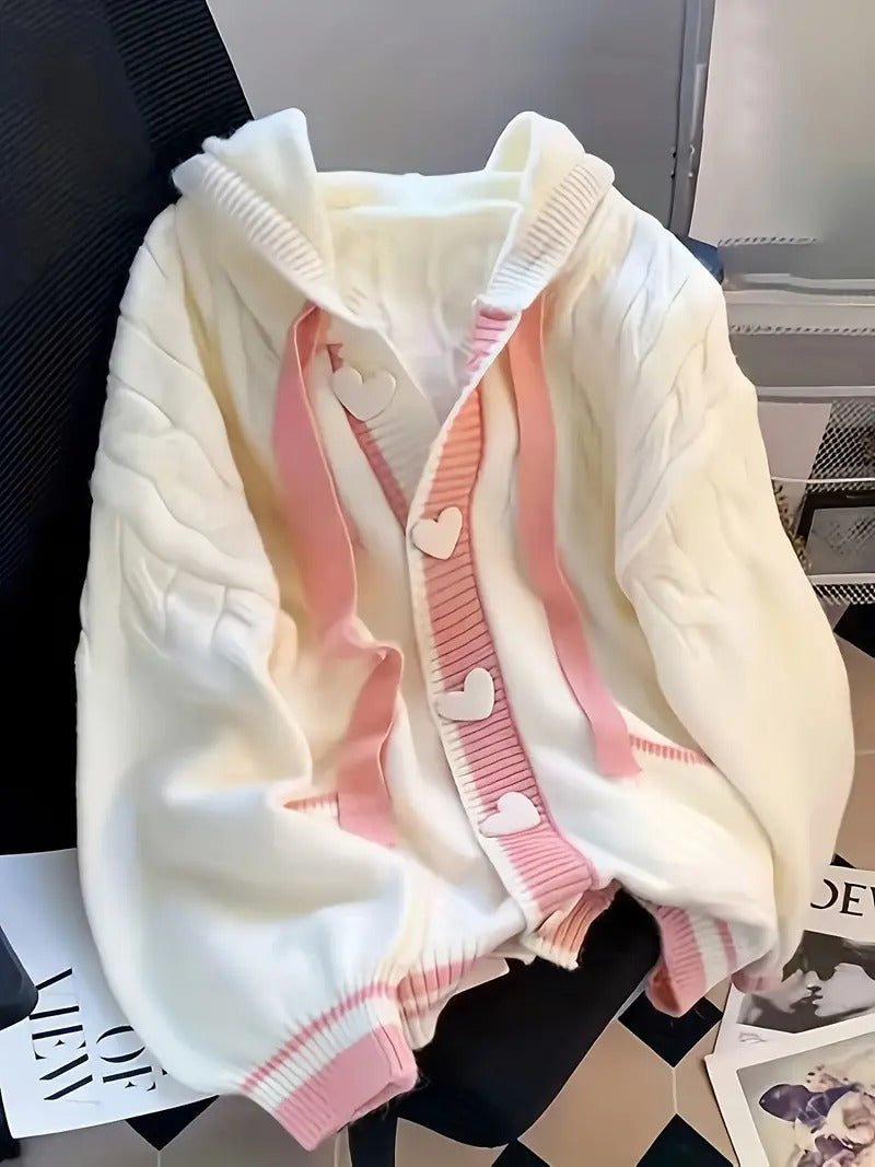 Cardigan à capuche boutonné avec détails cœur