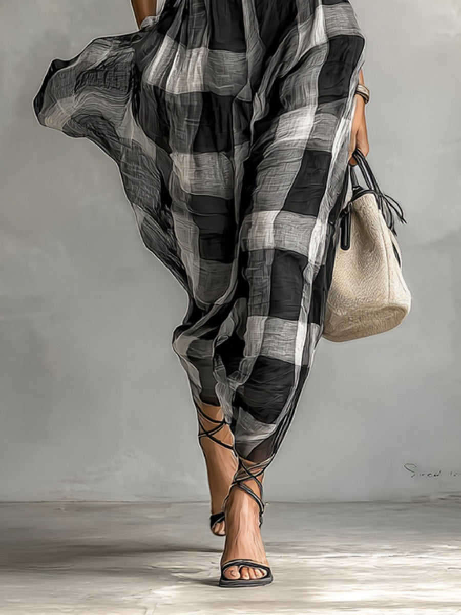 Robe longue à carreaux en mousseline de soie, ceinturée